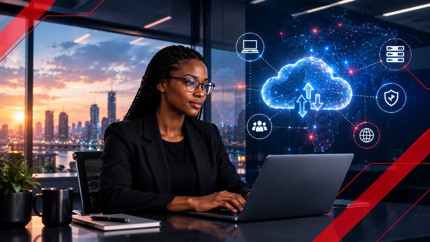 An engineer at a laptop beside a visualisation of connected cloud services
