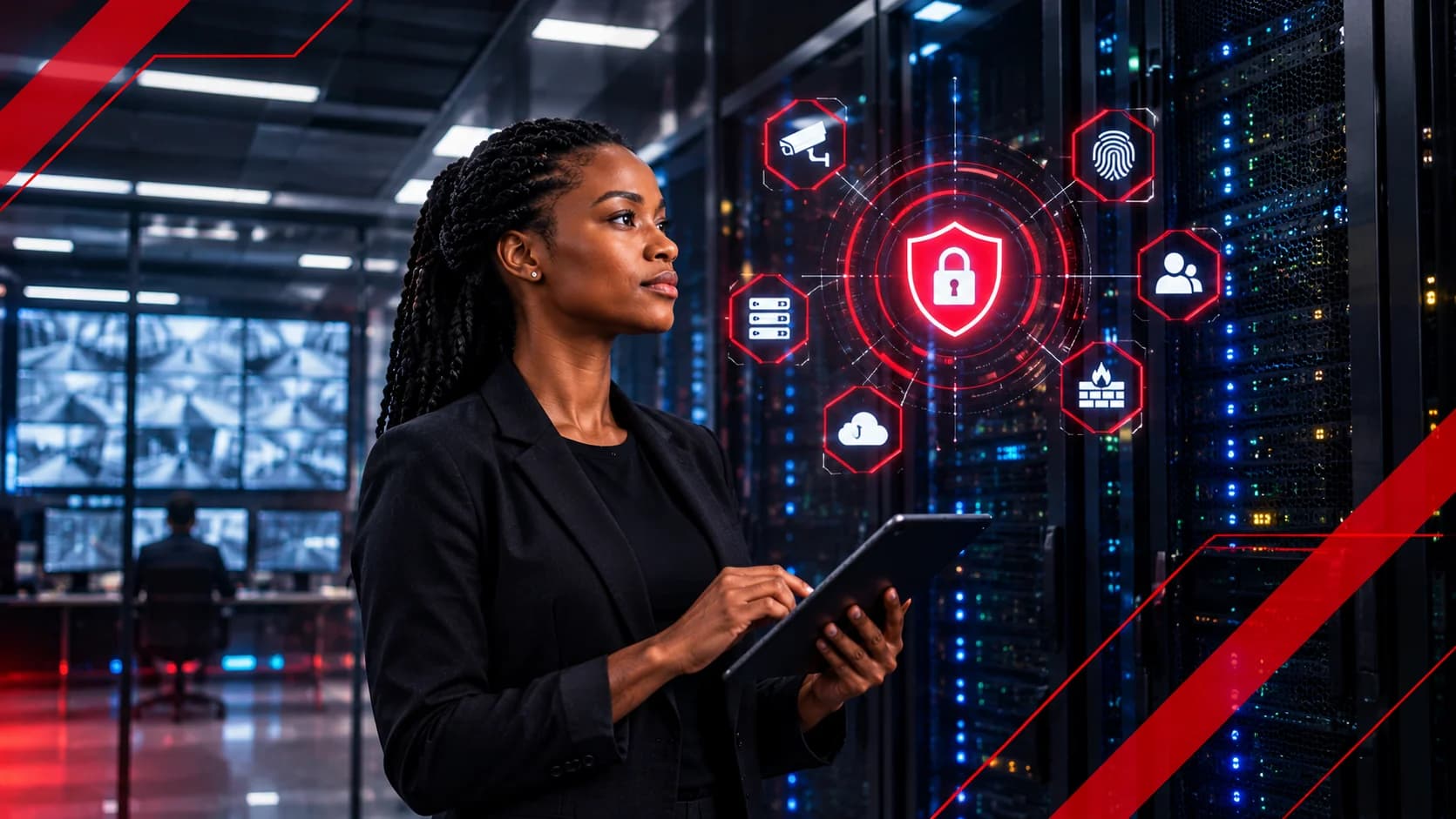 A security analyst with a tablet in a data centre, beside a display of security controls