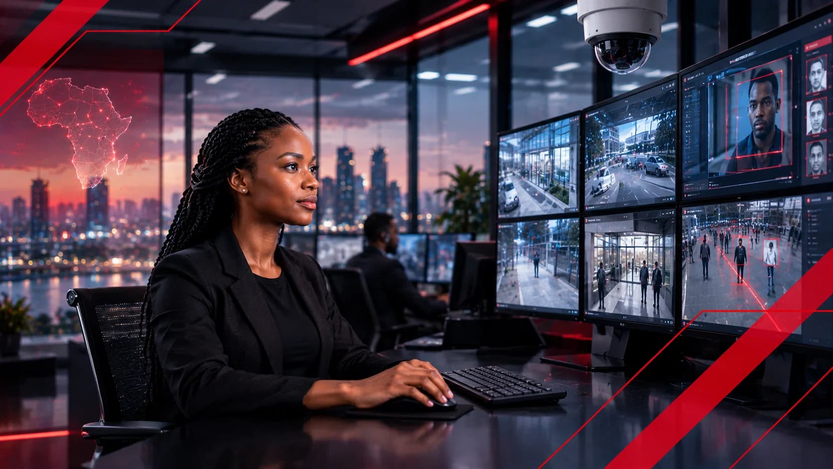 An operator at a workstation in front of a wall of video monitoring screens